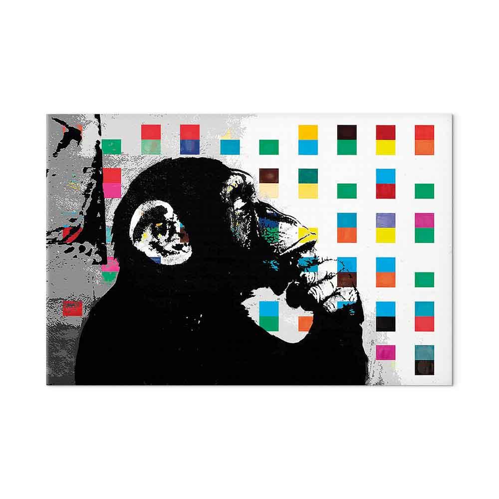 Banksy The Thinker Monkey billede på lærred - gadekunst vægdekoration med tryk på kanterne - 90 x 60 cm - Akustisk
