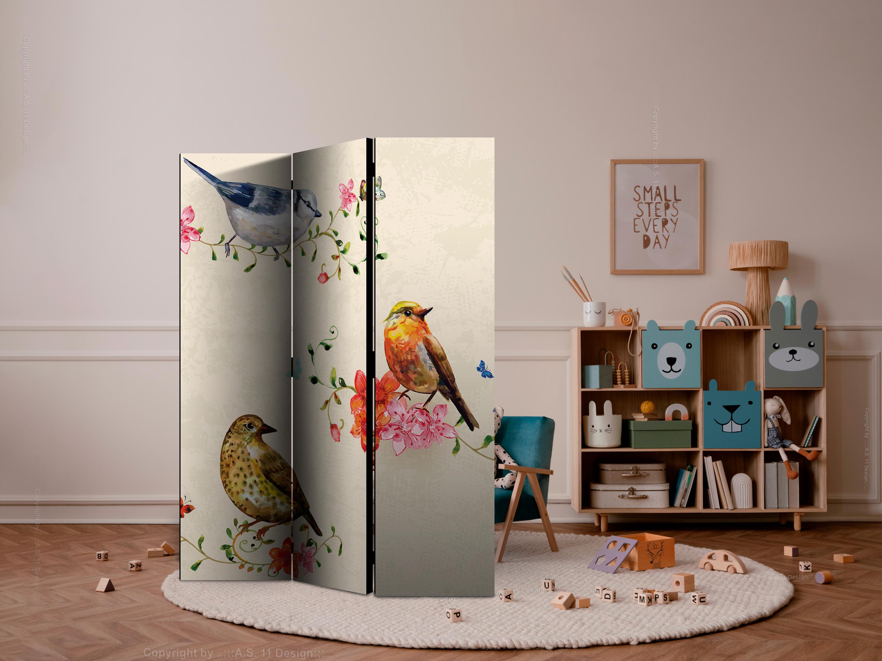 Skærmvæg Bird Song 135 x 172 cm 3-panels rumdeler med fuglemotiv - 135 x 172 cm - Dobbeltsiddet