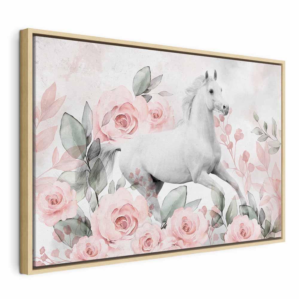 Lærredsbillede Gallop Among the Roses Wide med hest og blomster - 60 x 40 cm - I en naturlig træramme