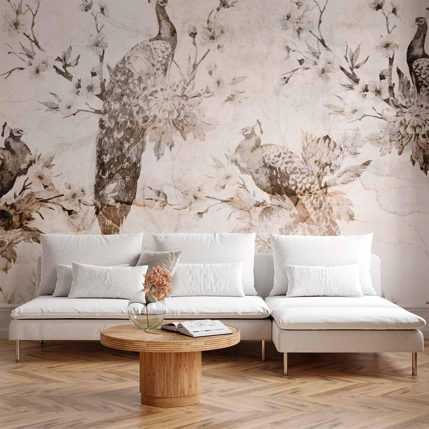 Fototapet - Peacocks in Delicate Beige - 100 x 70 cm - Standard