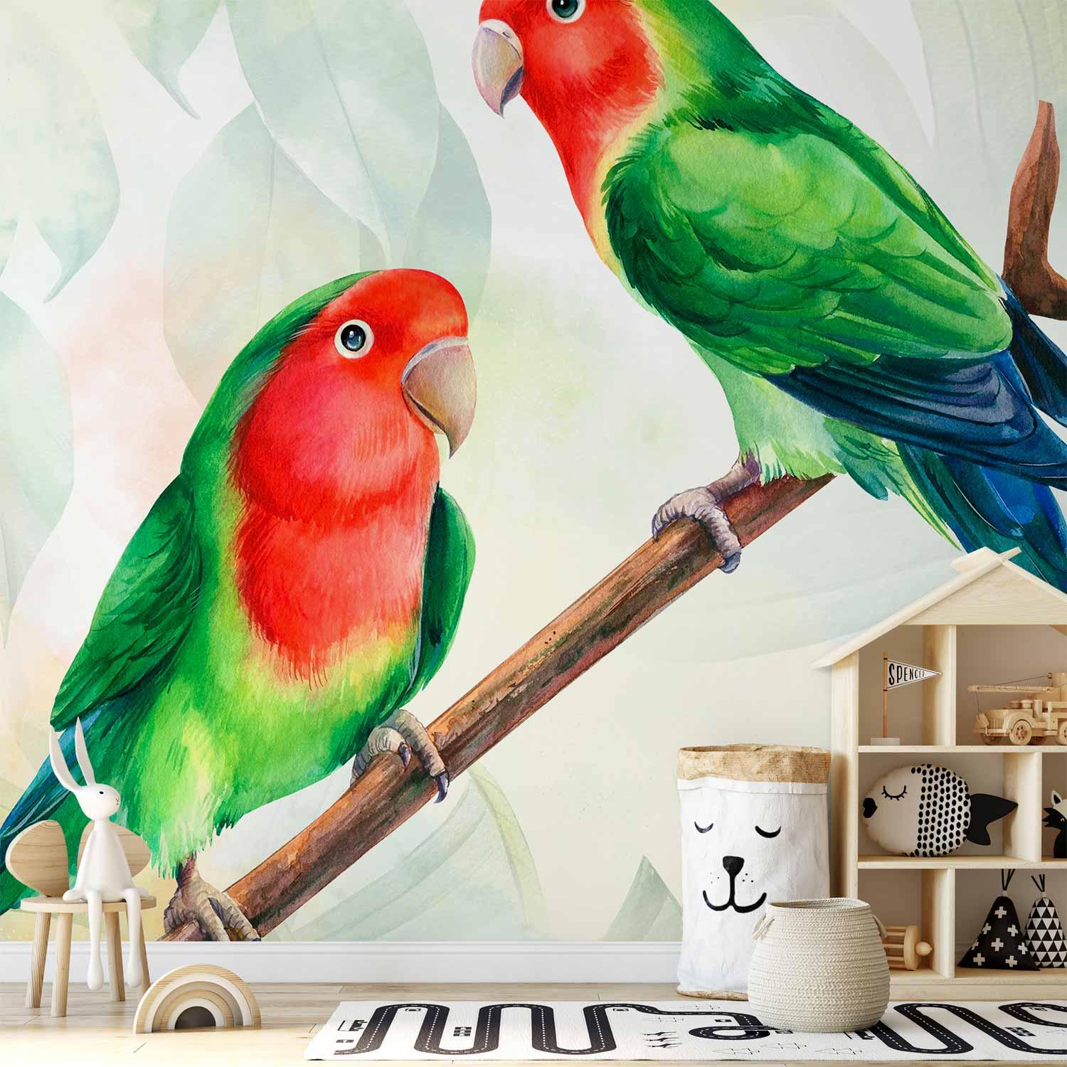 Fototapet med dværgpapegøjer - Lovebirds vægfoto i flere varianter og mål - 450 x 315 cm - Vandtæt