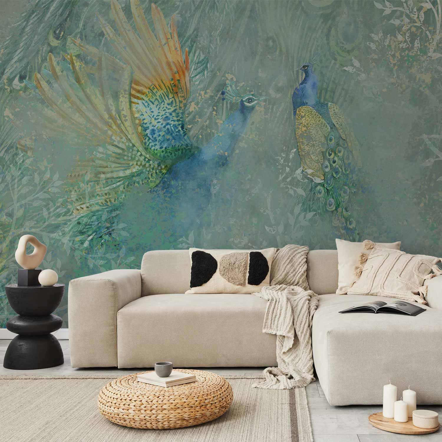 Fototapet med påfugle - Dansende Påfugle, tredje variant - 250 x 175 cm - Standard