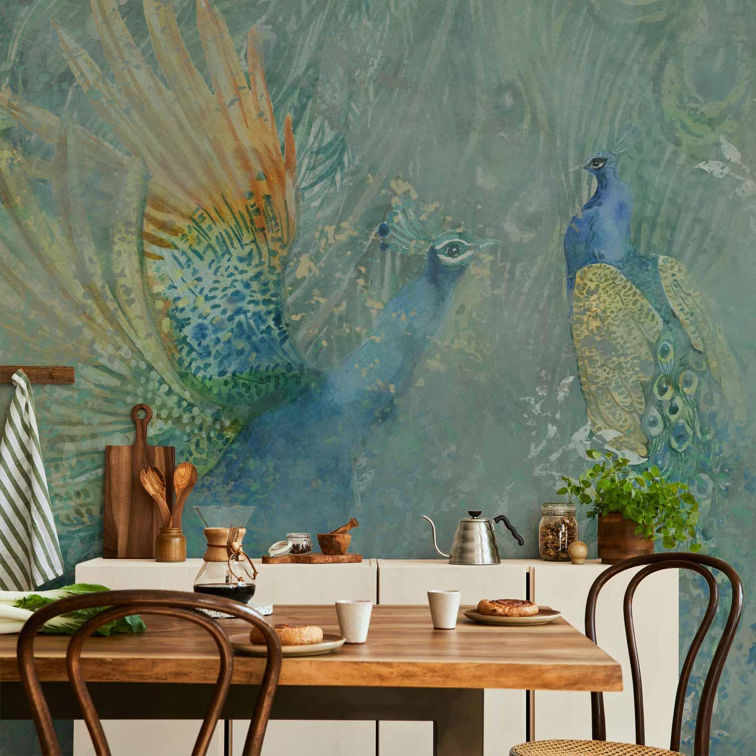 Fototapet med påfugle - Dansende Påfugle, tredje variant - 500 x 350 cm - Vandtæt