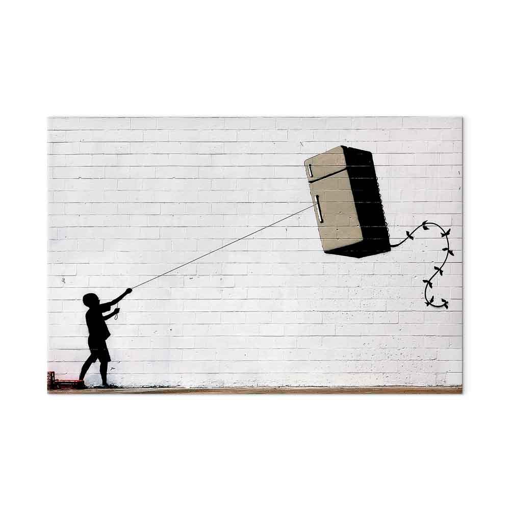 Lærredsbillede Flying Fridge - bredt gadekunst billede i 1 del med tryk på kanterne - 120 x 80 cm - Akustisk