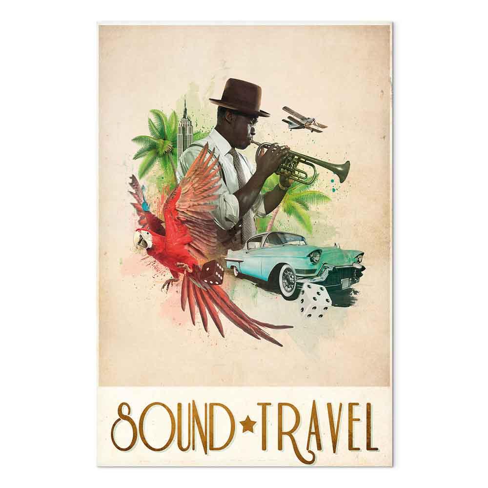 Lærredsbillede Sound Travel - lodret vægdekoration i 1 del med musik- og rejsemotiv - 40 x 60 cm - Akustisk