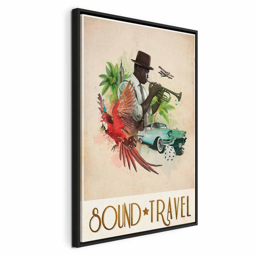 Lærredsbillede Sound Travel - lodret vægdekoration i 1 del med musik- og rejsemotiv - 40 x 60 cm - I en sort træramme