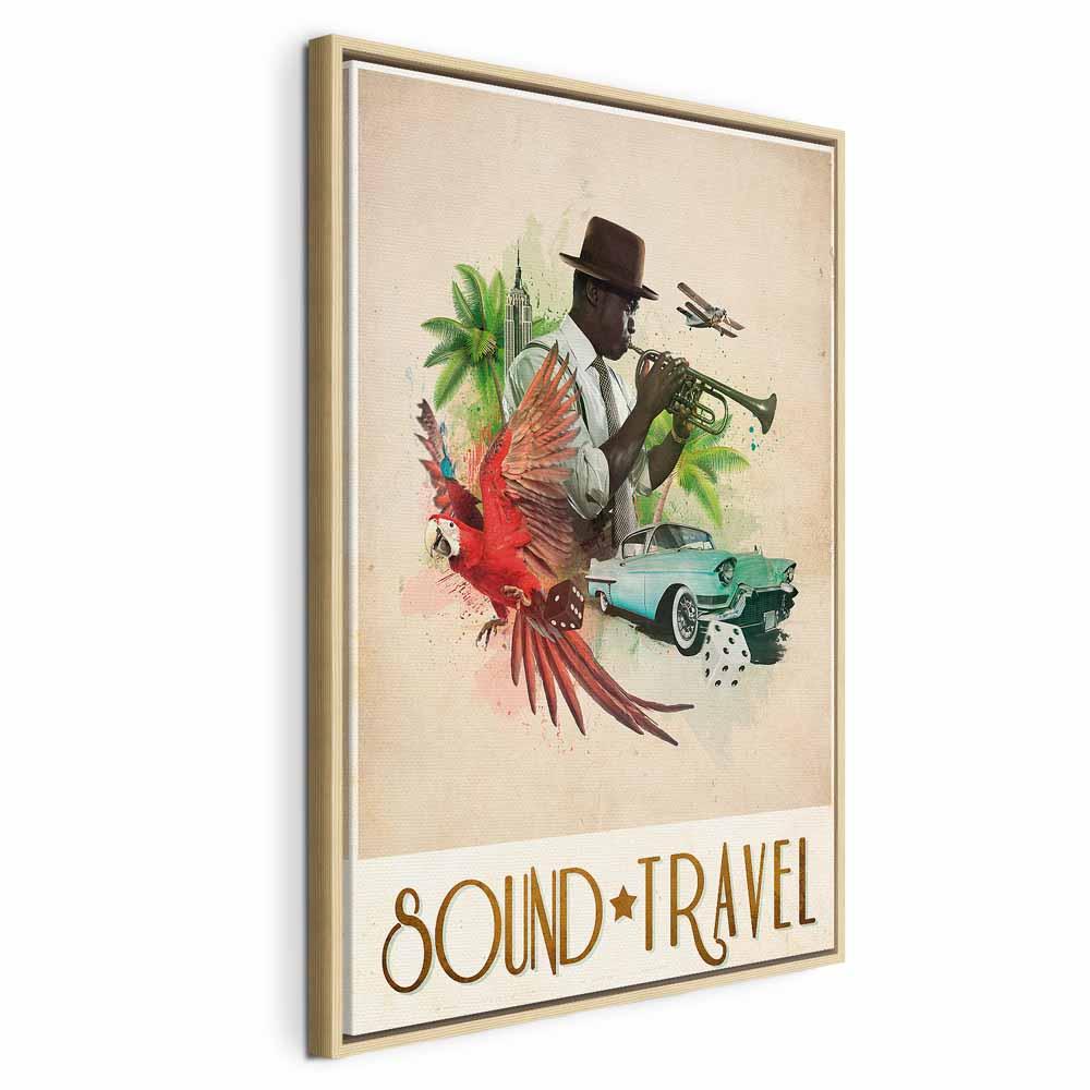 Lærredsbillede Sound Travel - lodret vægdekoration i 1 del med musik- og rejsemotiv - 40 x 60 cm - I en naturlig træramme