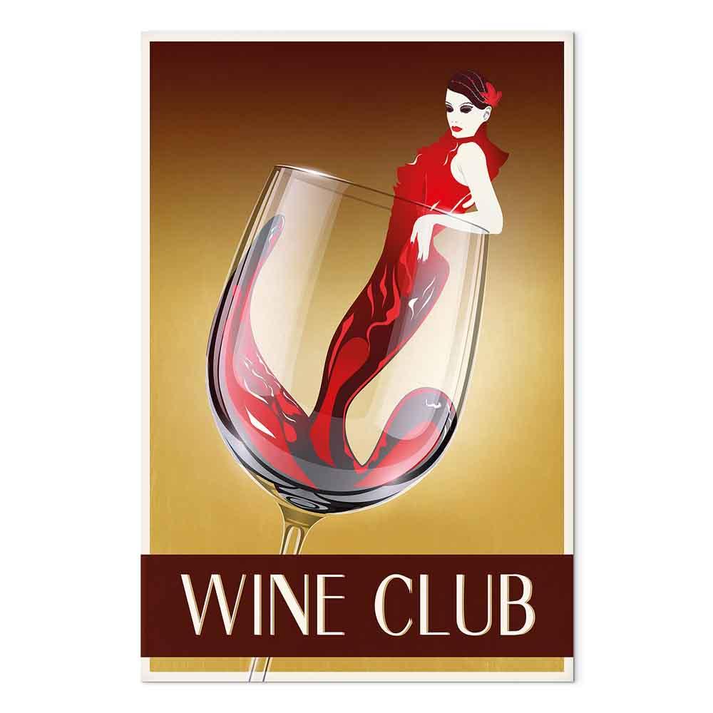 Lærredsbillede Wine Club - lodret vægdekoration med vinglas og elegant kvindemotiv - 60 x 90 cm - Akustisk
