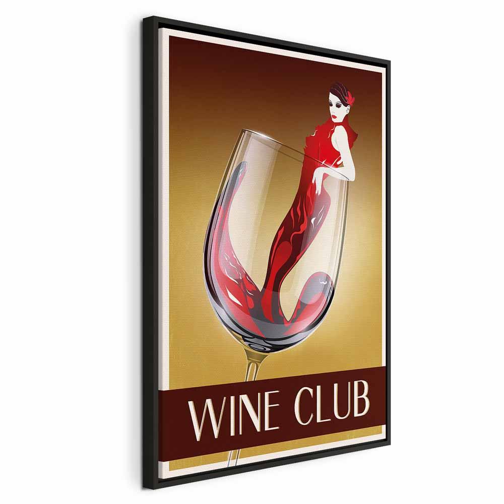 Lærredsbillede Wine Club - lodret vægdekoration med vinglas og elegant kvindemotiv - 40 x 60 cm - I en sort træramme