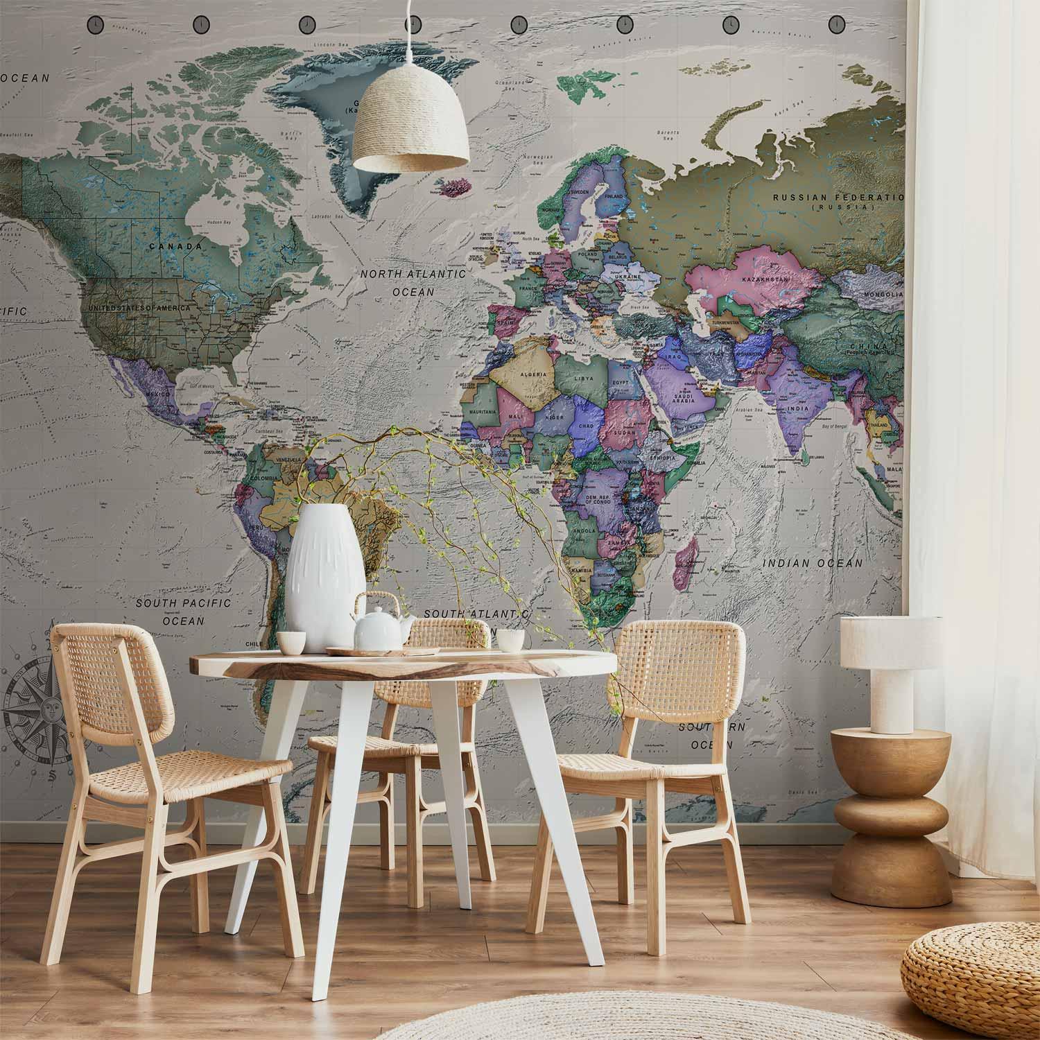 Fototapet verdenskort - geografisk kort med landenavne på engelsk - 400 x 280 cm - Vandtæt