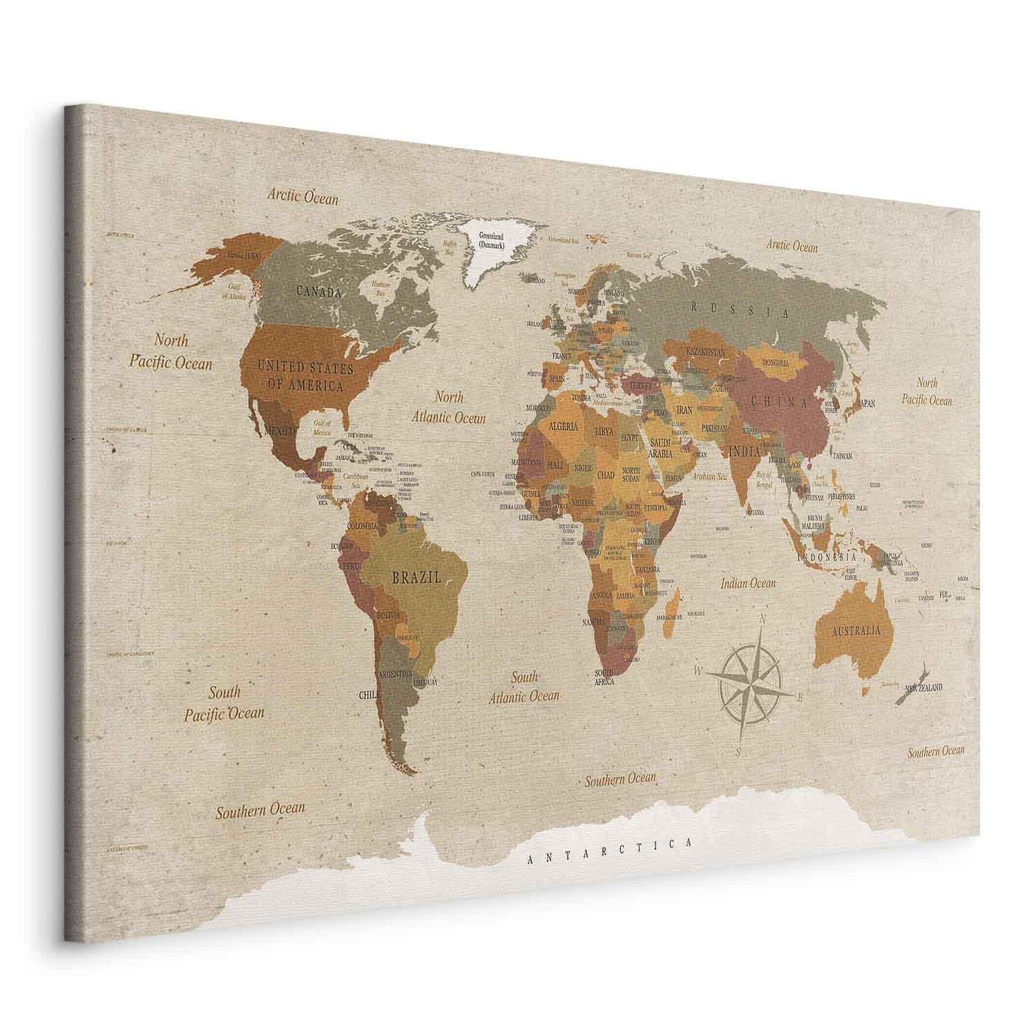 ARTGEIST World Map: Beige Chic - Klassisk verdenskort trykt på lærred - Flere størrelser 120x80