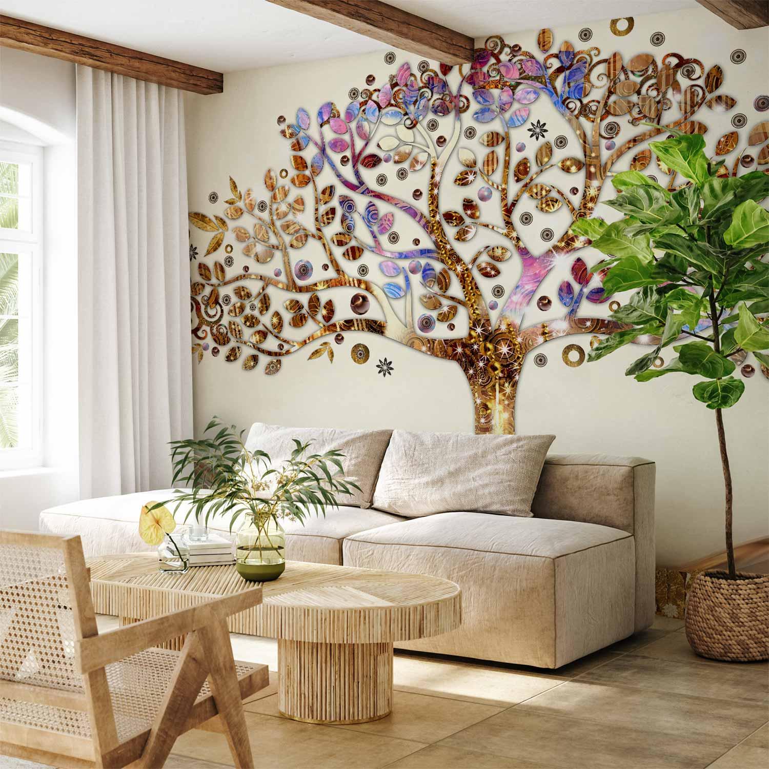 Fototapet Gyldent træ - abstrakt vægtapet med træmotiv i flere størrelser og varianter - 300 x 210 cm - Standard