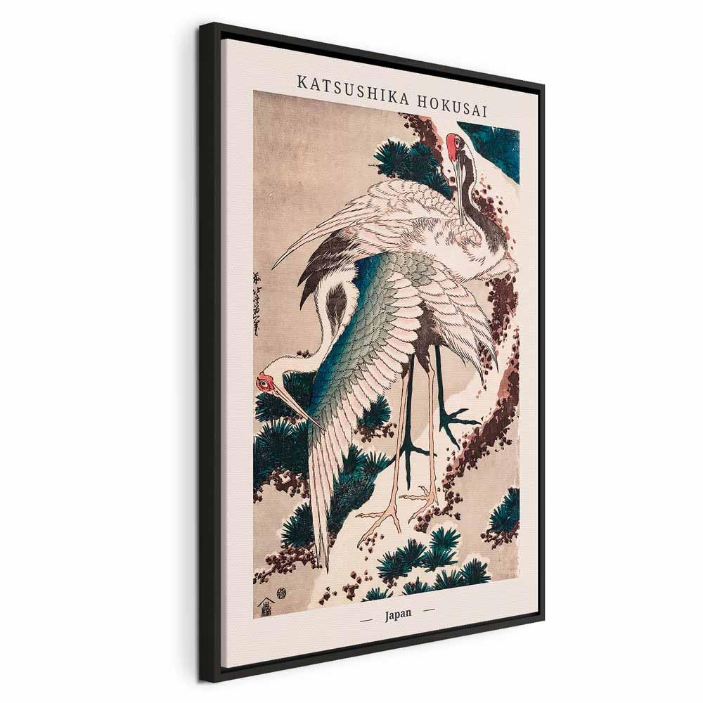 Katsushika Hokusai lærredsbillede med traner - lodret - 60 x 90 cm - I en sort træramme