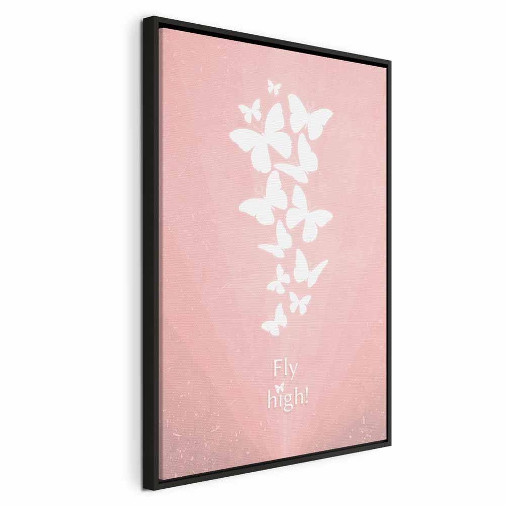 Lærredsbillede Fly High! - vertikalt vægbillede med sommerfugle og tekst - 40 x 60 cm - I en sort træramme