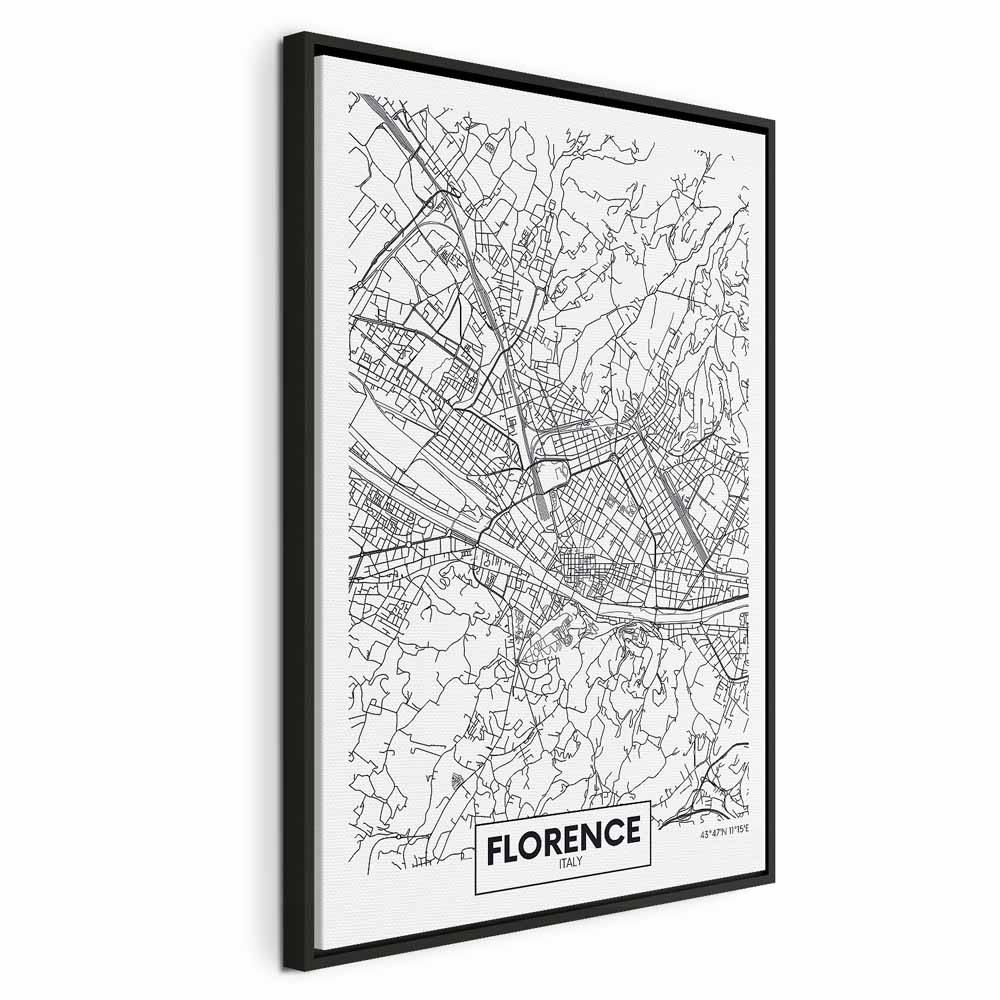 Lærredsbillede med kort over Firenze - 1-delt lodret vægdekoration - 60 x 90 cm - I en sort træramme
