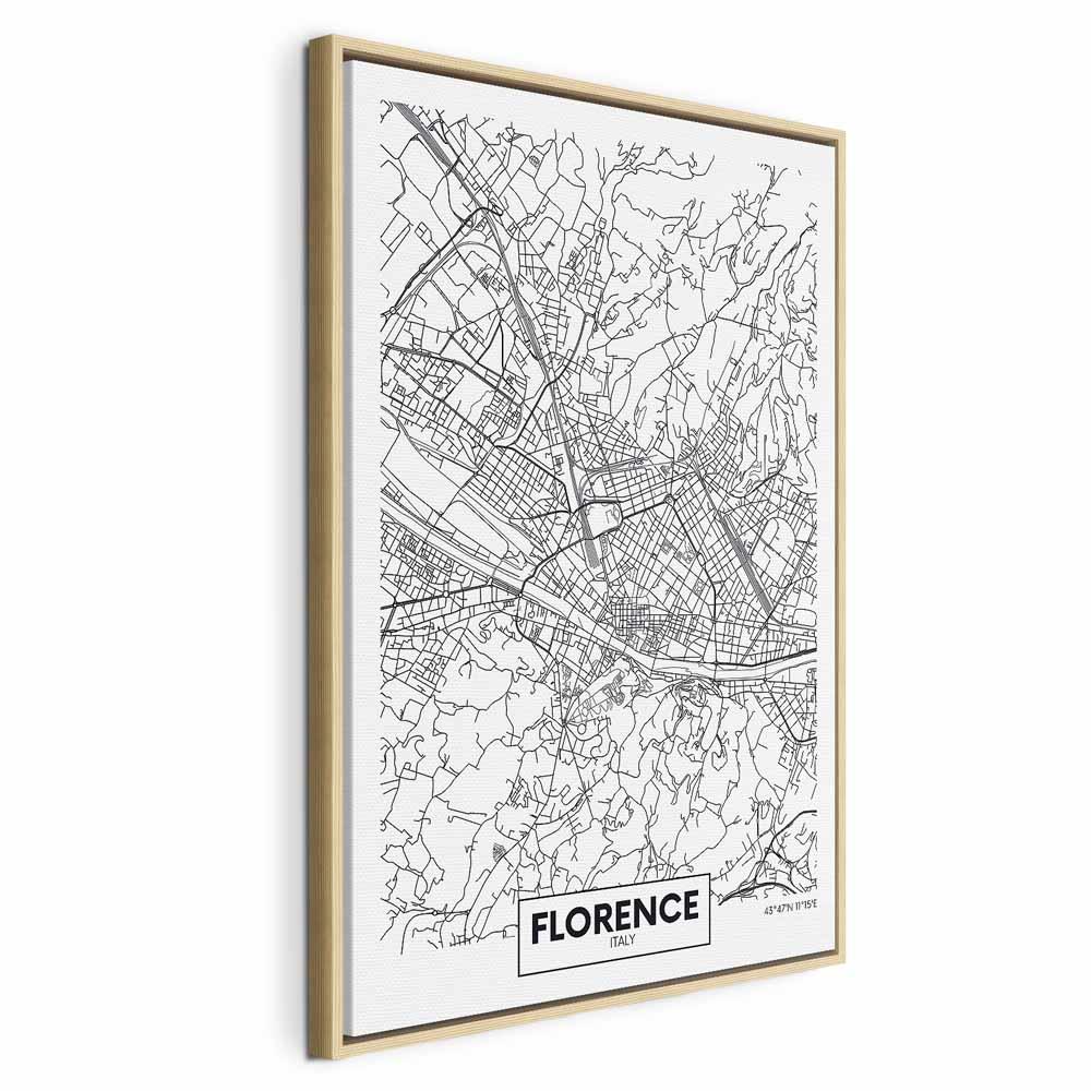 Lærredsbillede med kort over Firenze - 1-delt lodret vægdekoration - 60 x 90 cm - I en naturlig træramme