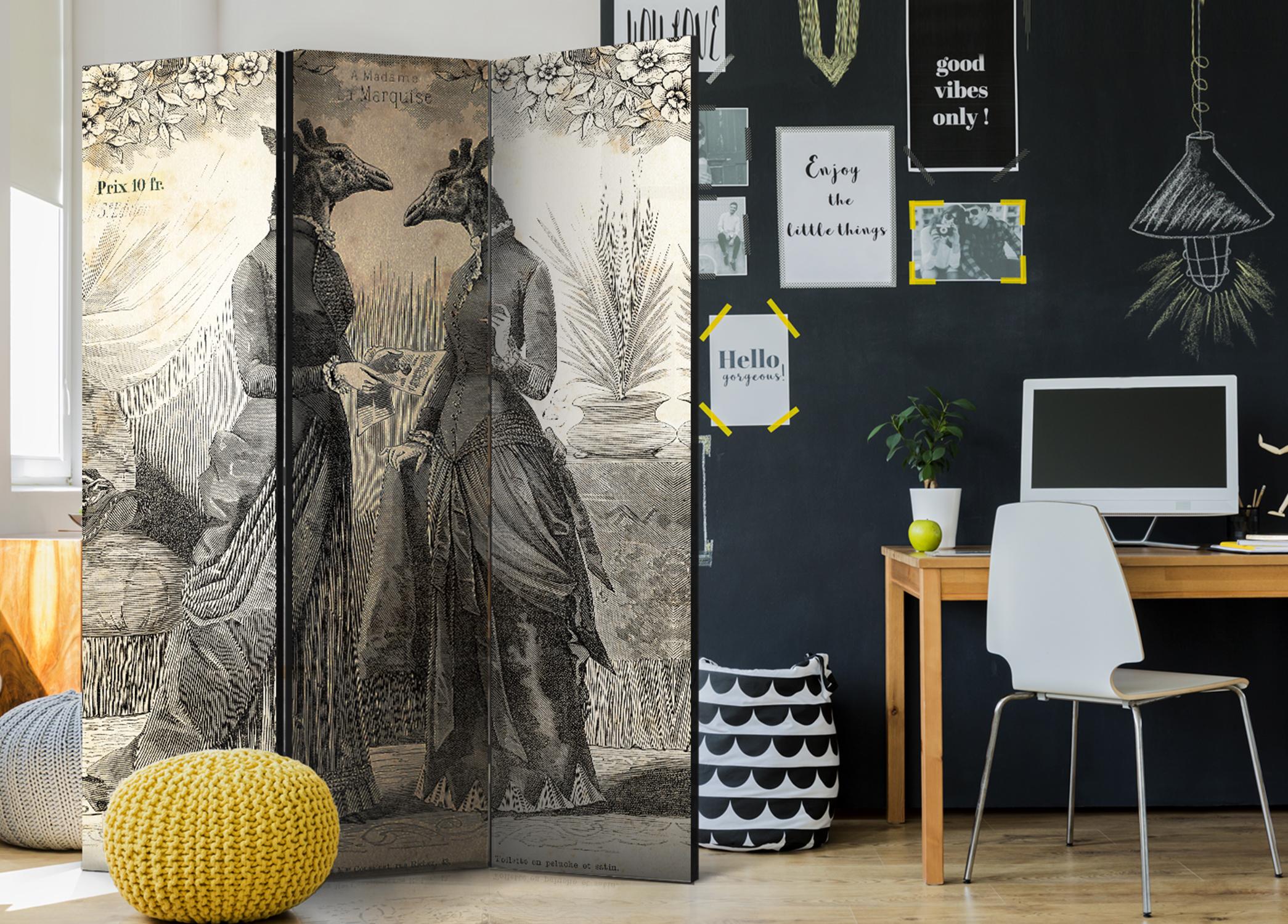 Skærmvæg Samtale - 3-panels rumdeler med vintage motiv - 135 x 172 cm - Dobbeltsiddet