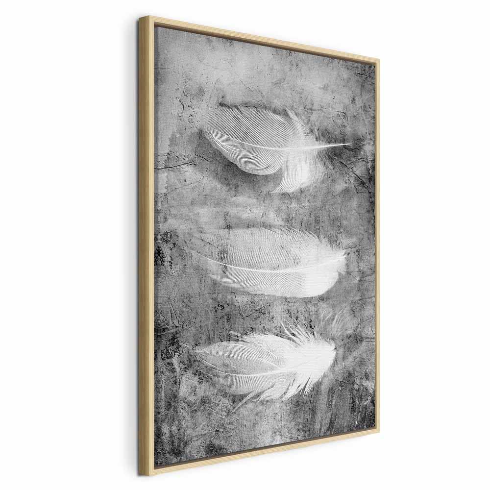 Abstrakt lærredsbillede Flygtigt Mysterium - lodret vægbillede i 1 del med fjer-motiv - 80 x 120 cm - I en naturlig træramme