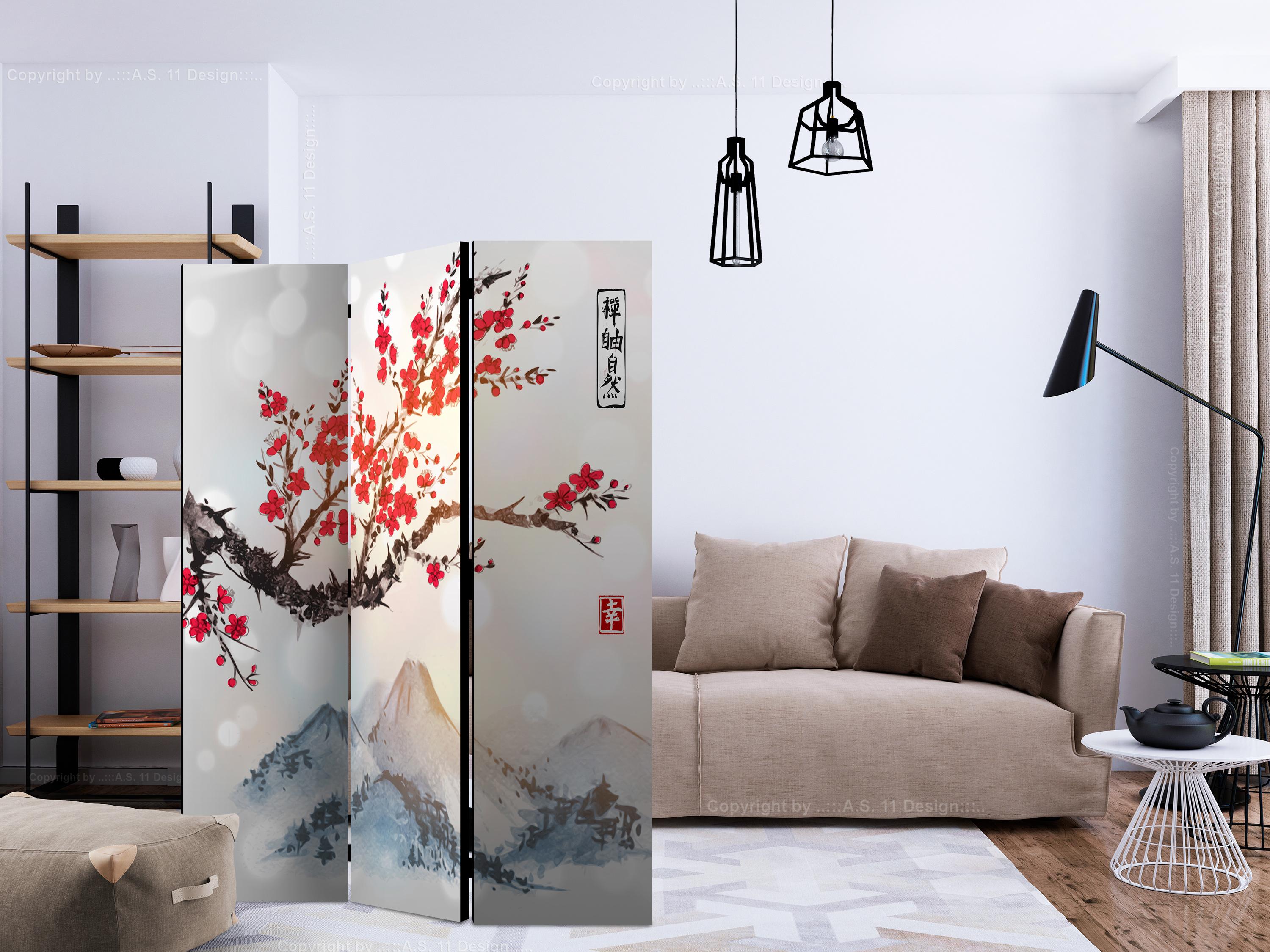 Skærmvæg Mount Fuji - orientalsk 3-panels rumdeler - 135 x 172 cm - Dobbeltsiddet