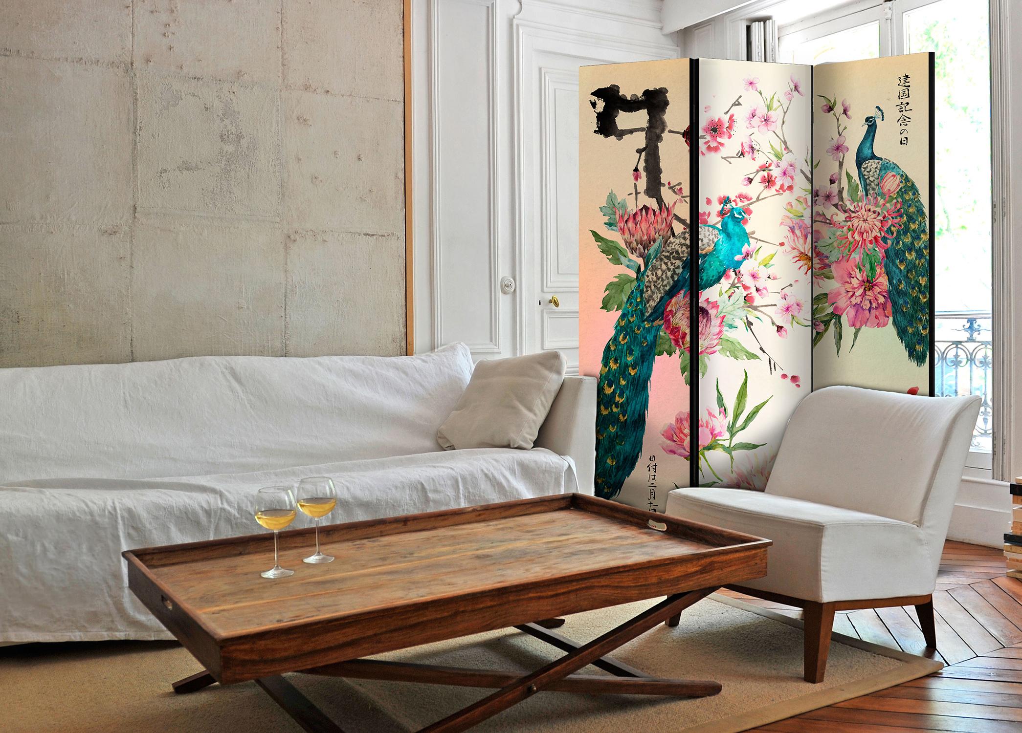 Orientalsk skærmvæg med påfuglemotiv - Peacock Love - 135 x 172 cm - Dobbeltsiddet