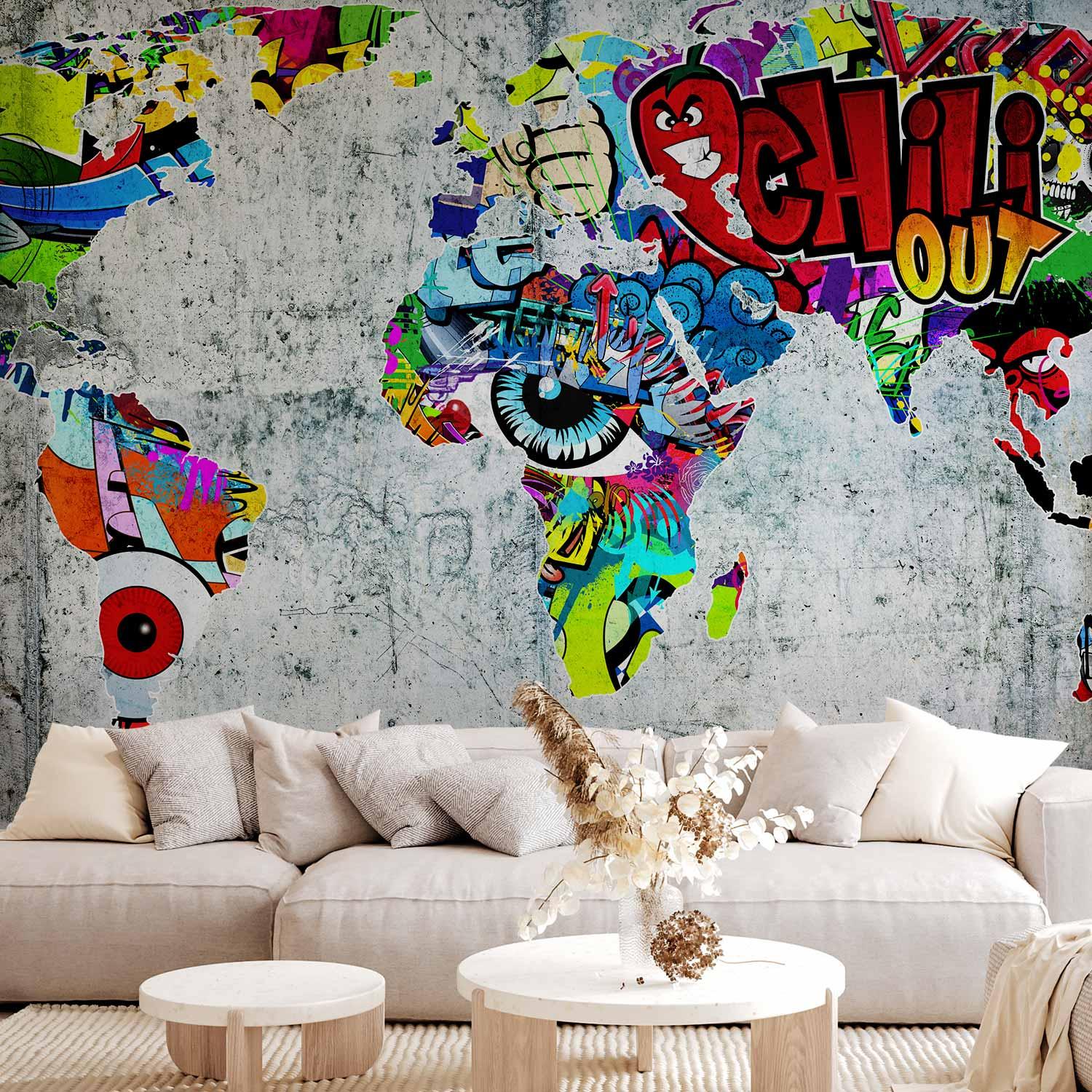 Fototapet Verdenskort Graffiti - 300 x 210 cm - Standard