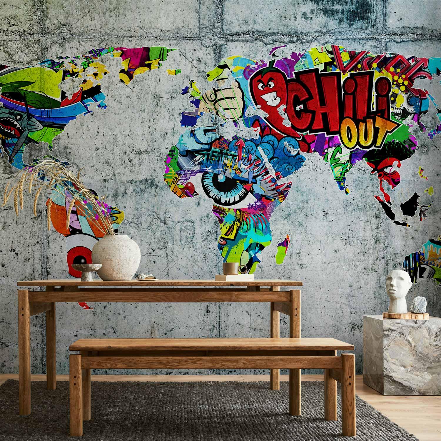 Fototapet Verdenskort Graffiti - 400 x 280 cm - Vandtæt