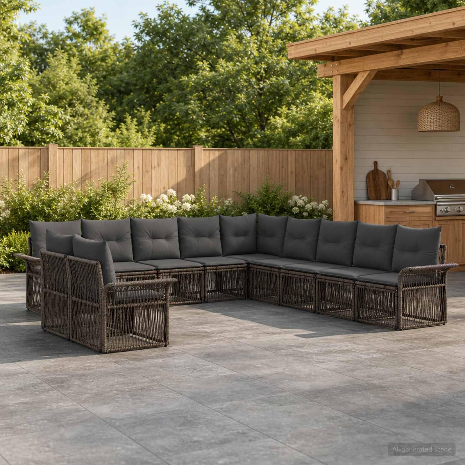Havesofa sæt 11 stk. i grå polyrattan til have og terrasse