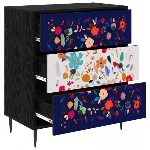 Skuffeskab MAINZ med blomsterprint 66 x 36,5 x 76 cm i sort eg