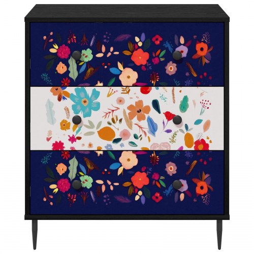 Skuffeskab MAINZ med blomsterprint 66 x 36,5 x 76 cm i sort eg