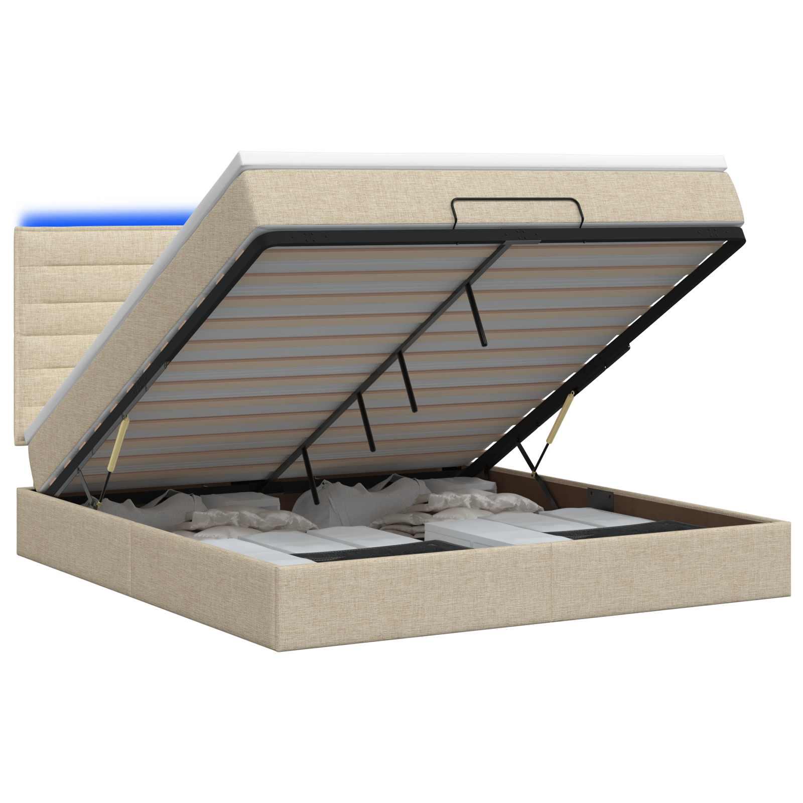 Ottoman seng med madras og LED 140 x 190 cm - cremefarvet stof