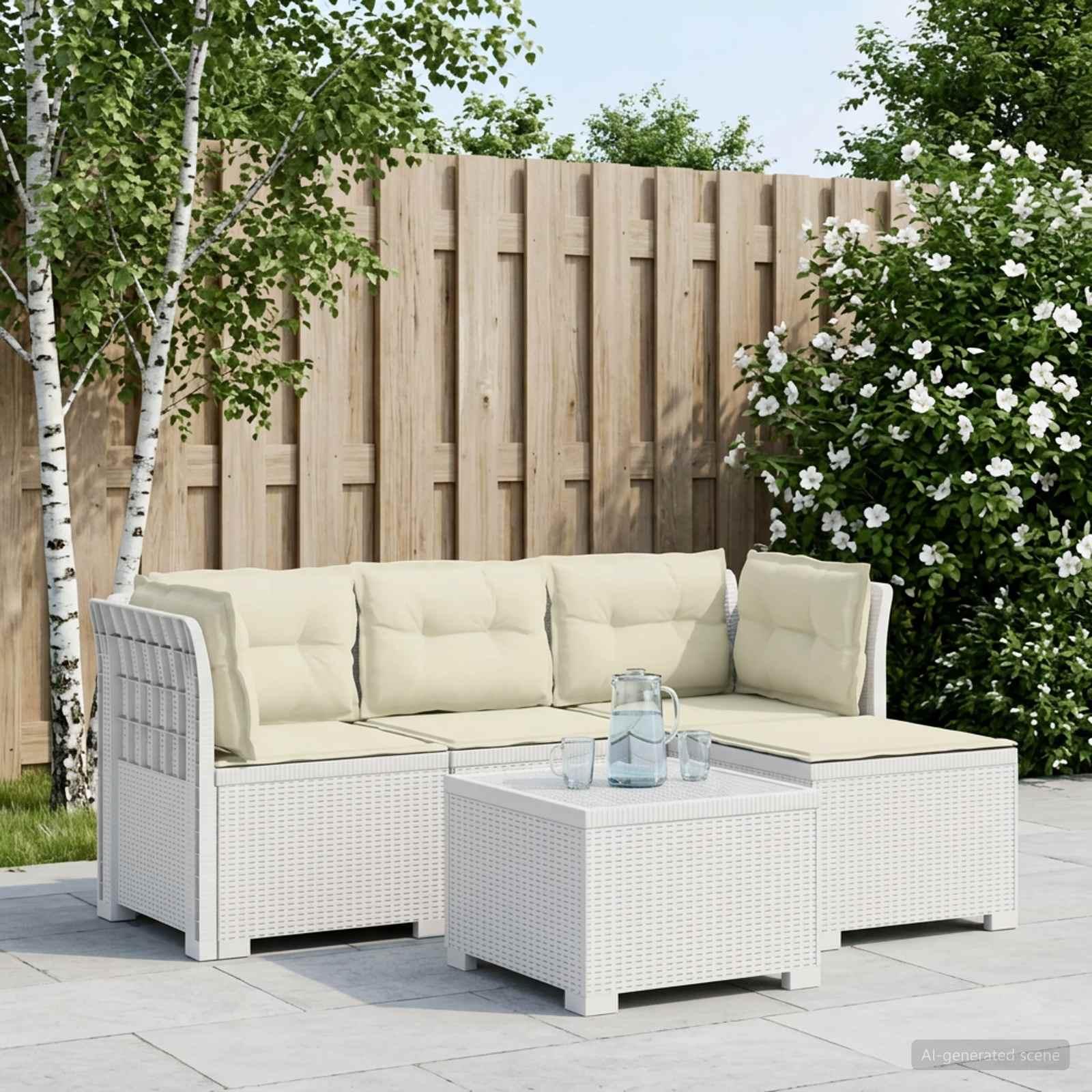 4-personers havesofa med hynder i rattan look PP - hvid
