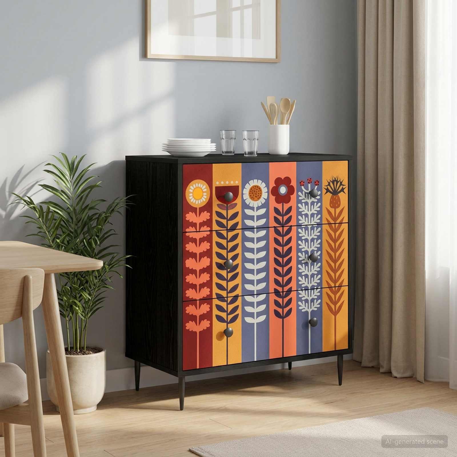 Skuffeskab ESSEN med solblomstprint 66 x 36,5 x 76 cm sort eg