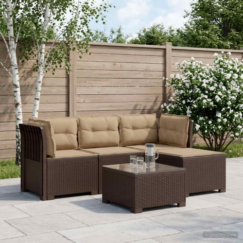 4-personers havesofa med hynder i rattan-look PP brun
