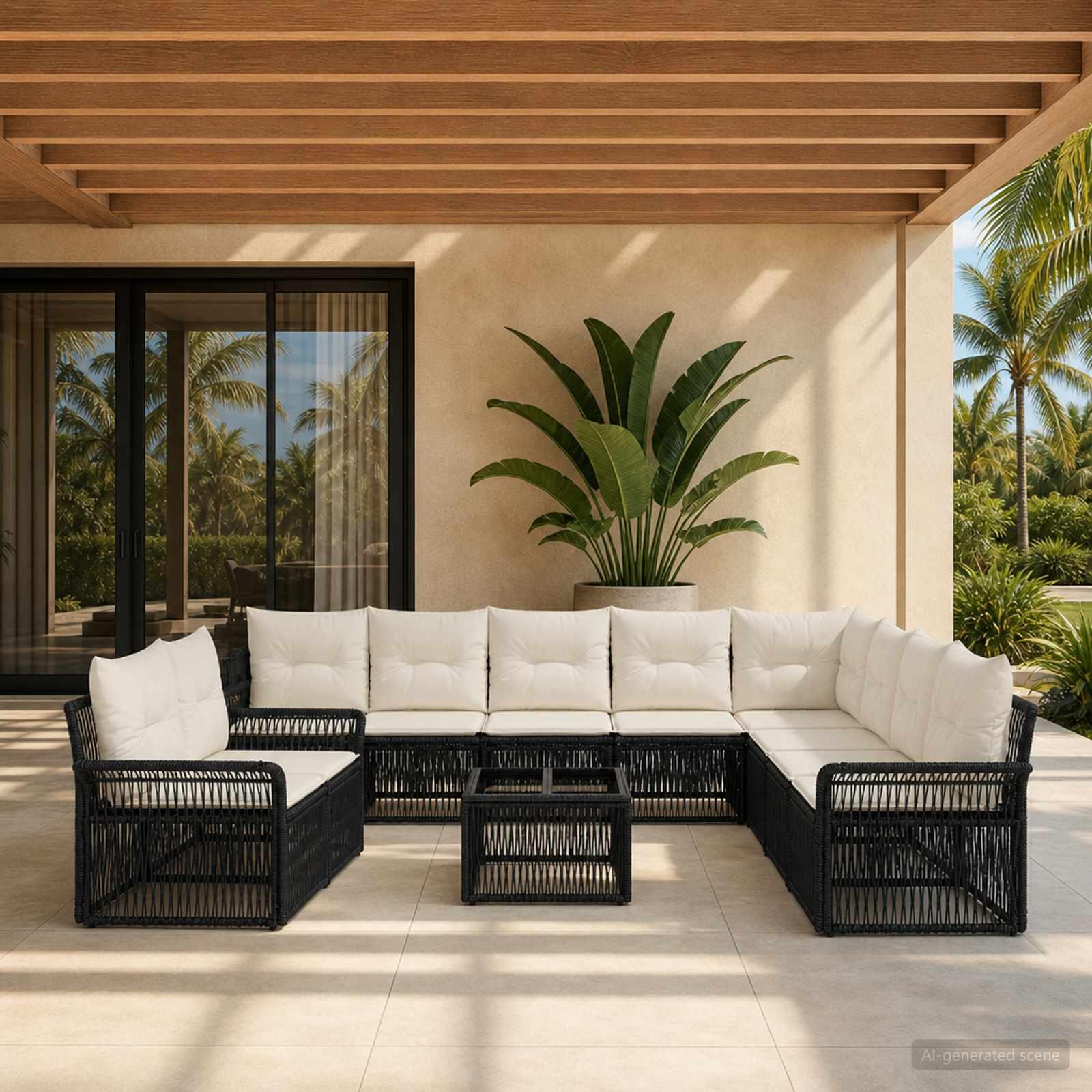 Havesofa sæt 11 stk. i sort polyrattan med moduldesign