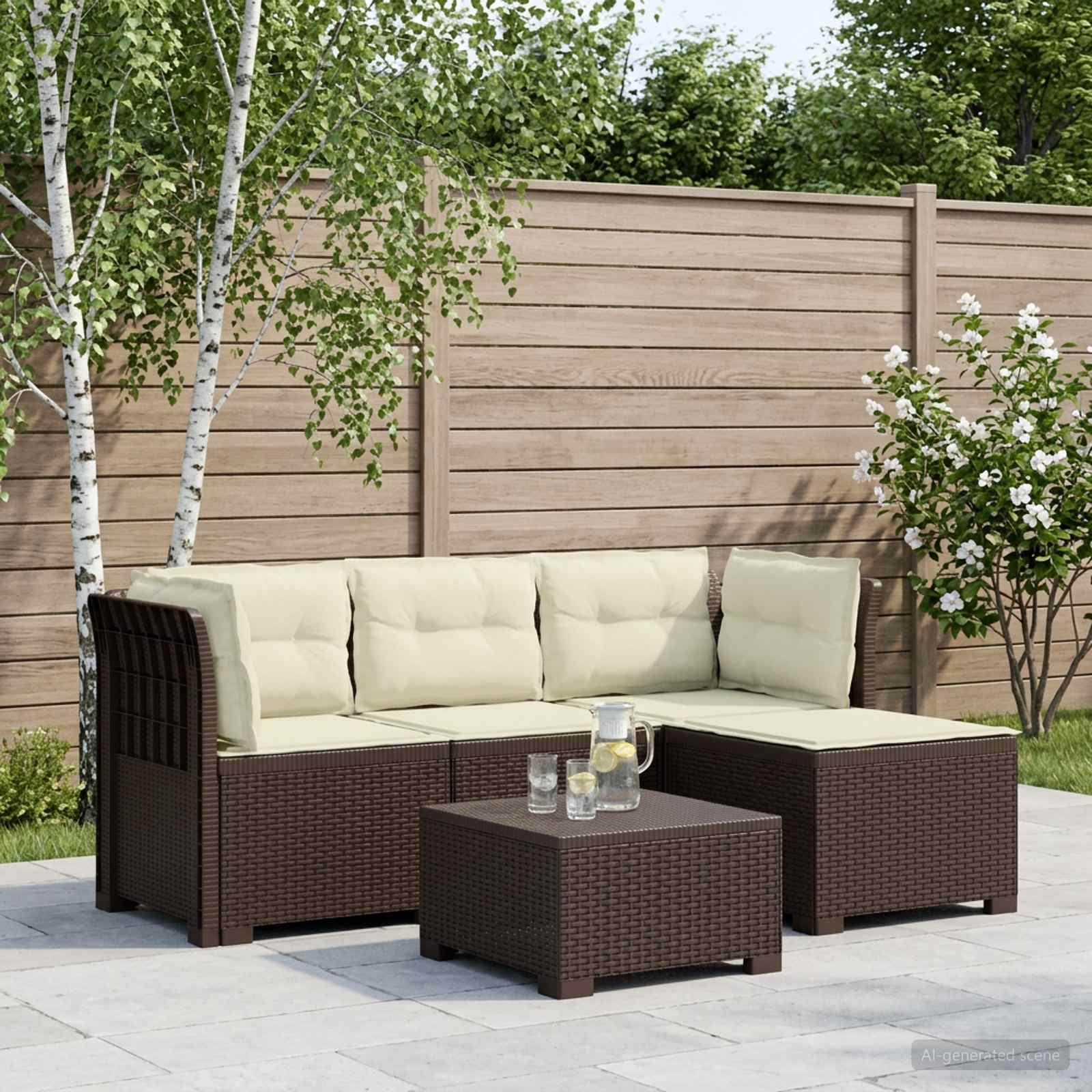 4-personers havesofa loungesæt med hynder i rattan-look, brun