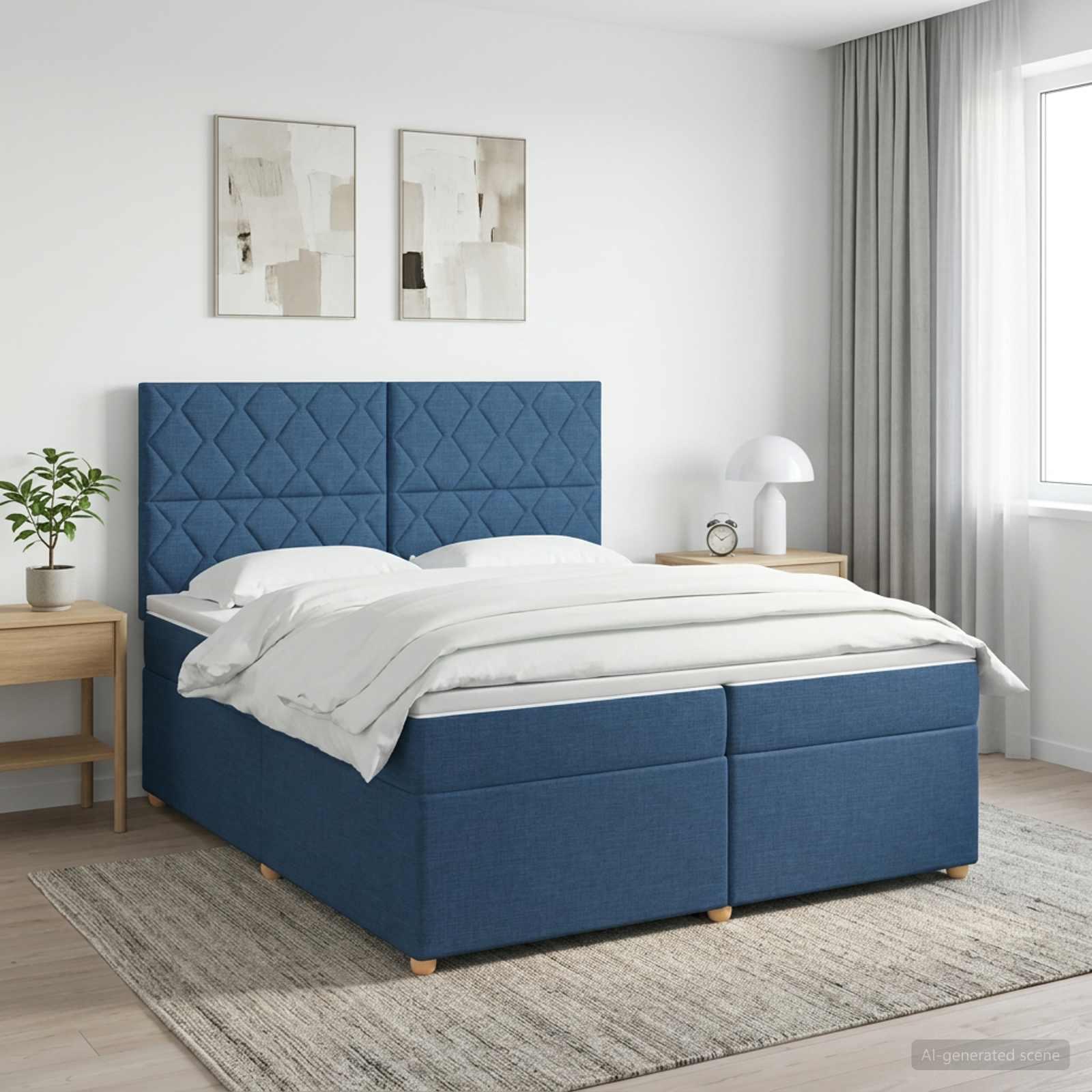 Boxmadras med topmadras og hovedgærde 200 x 200 cm - blå
