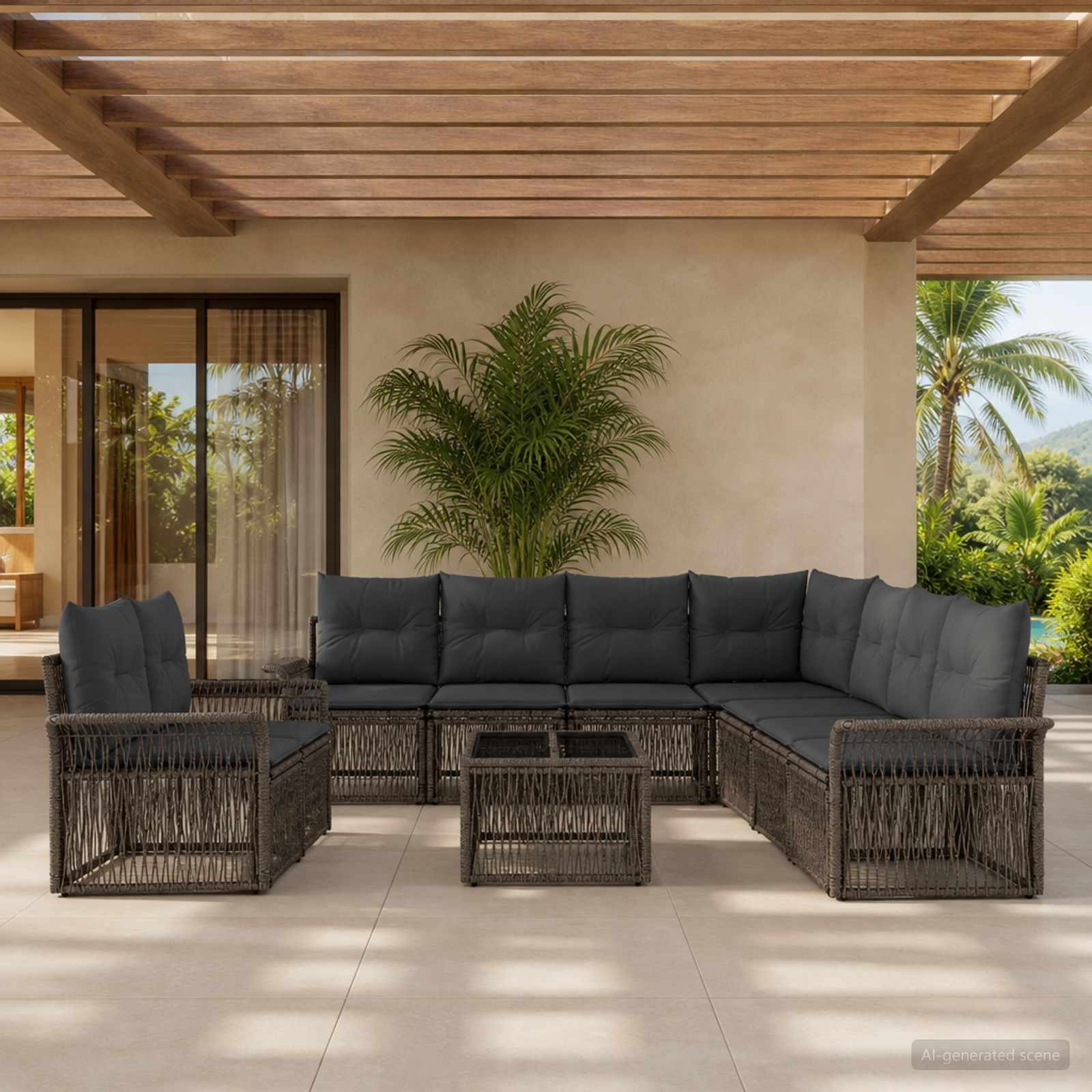 Havesofa sæt 10 stk. i grå polyrattan til terrasse og lounge