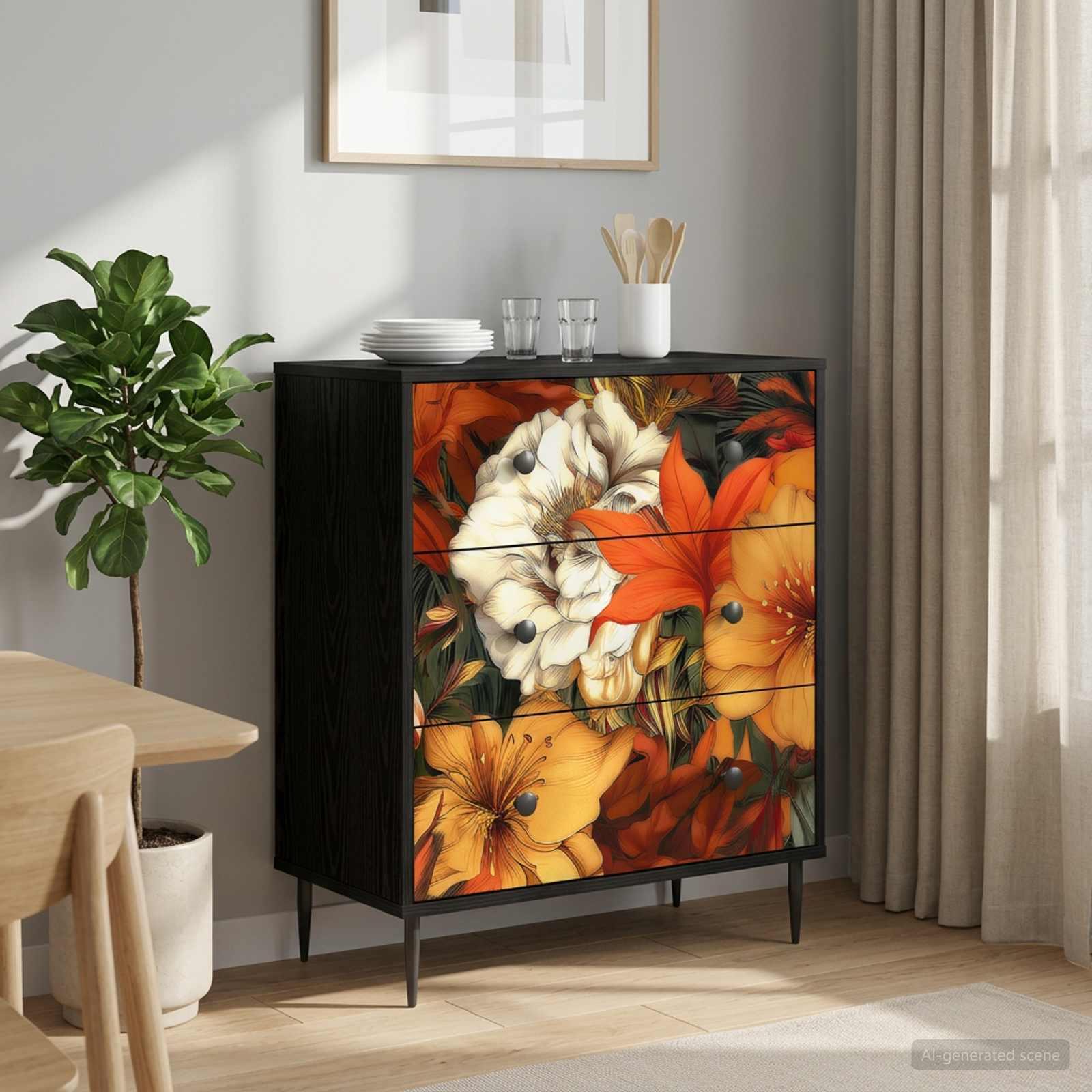 Skuffeskab GENNEP med liljemønster 66 x 36,5 x 76 cm sort eg