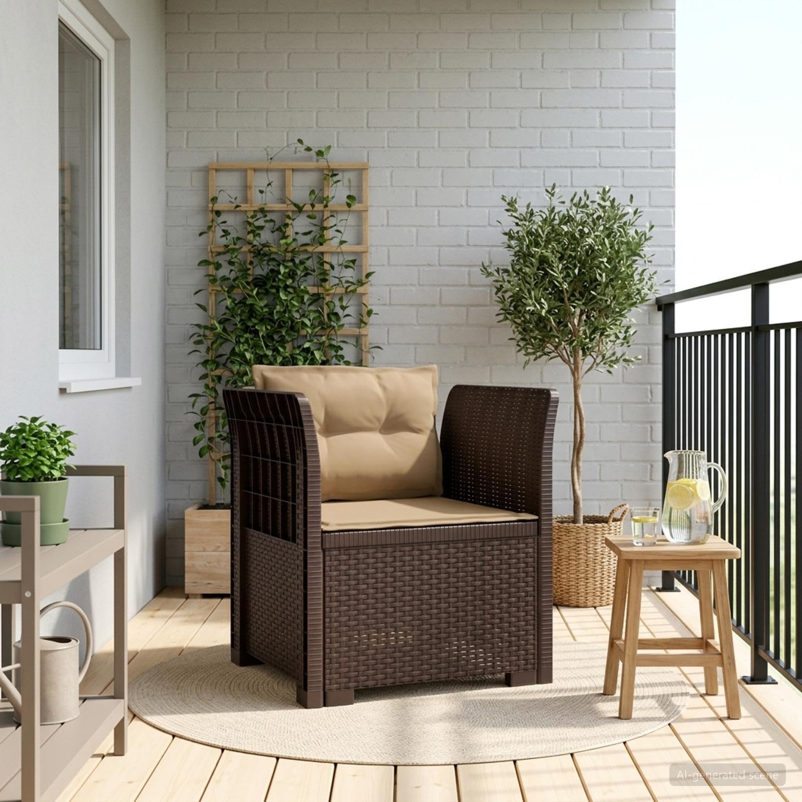 1-personers loungelænestol i rattan look med puder - brun