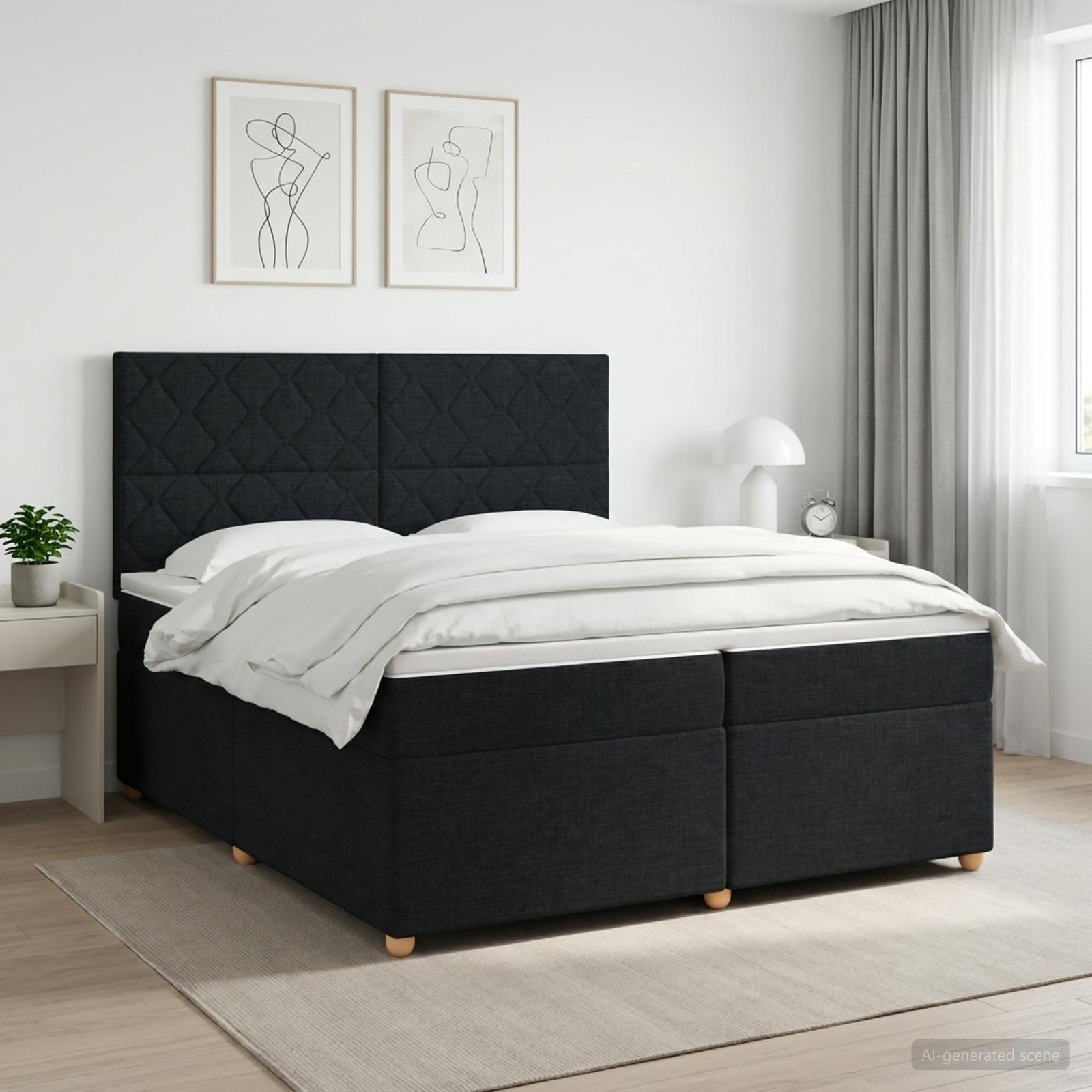 Boxmadras med topmadras og hovedgærde 200 x 200 cm - sort stof