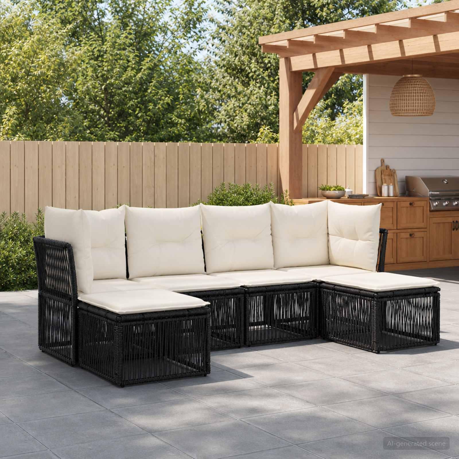 Havesofa sæt 6 stk. i sort polyrattan med modulopbygning