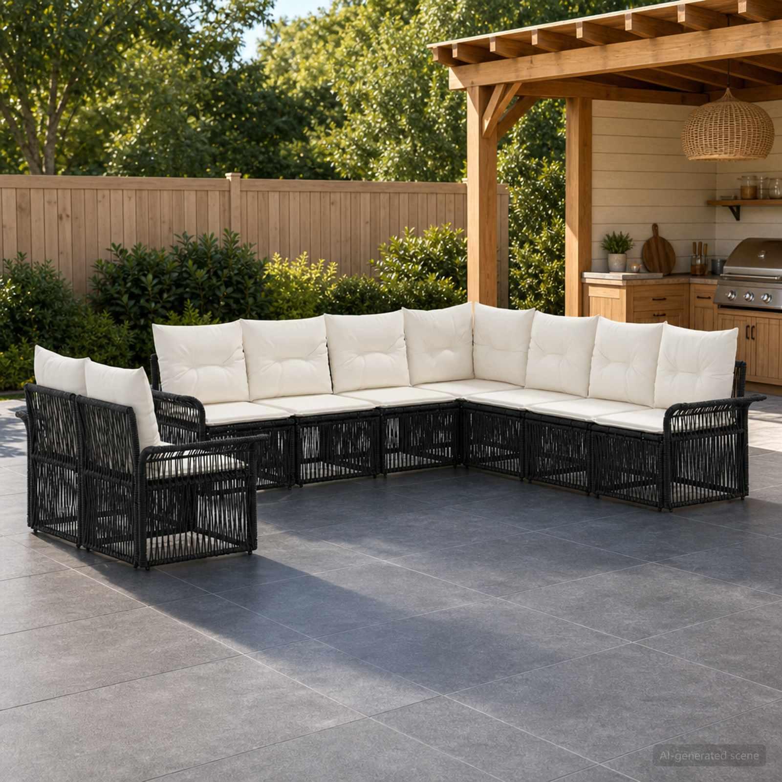 Havesofa sæt 9 stk. i sort polyrattan - modulært loungesæt til terrasse