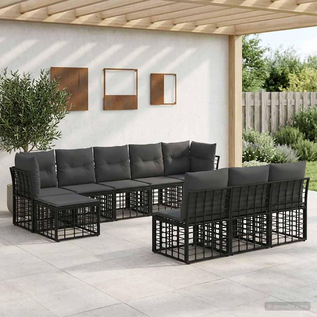 Udendørs sofagruppe i polyrattan sort og mørkegrå - modulært loungesæt