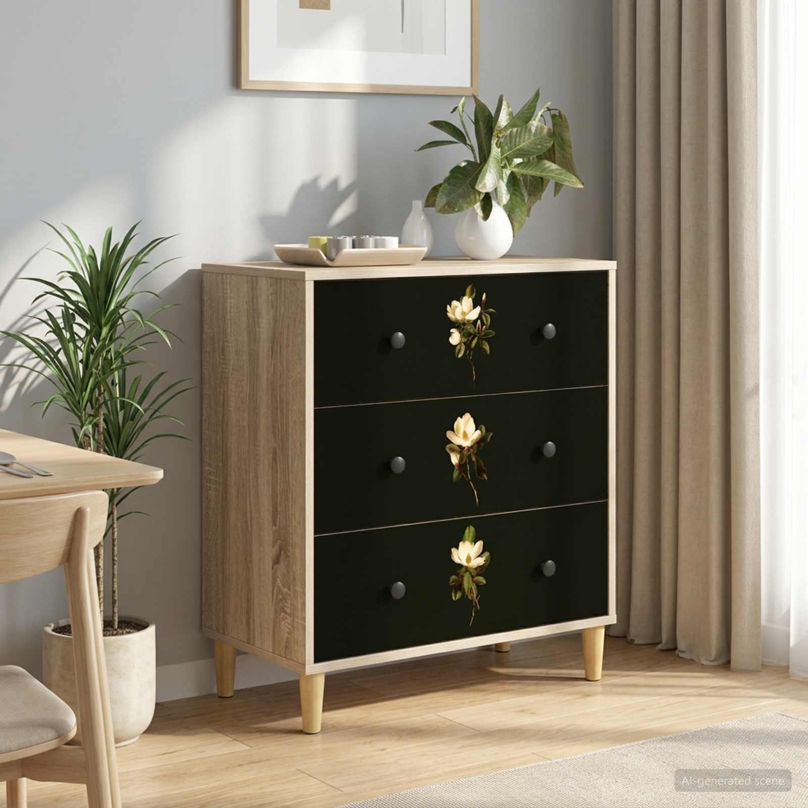 Skuffeskab BREMEN med Magnolia print 66 x 36,5 x 75 cm Sonoma-eg