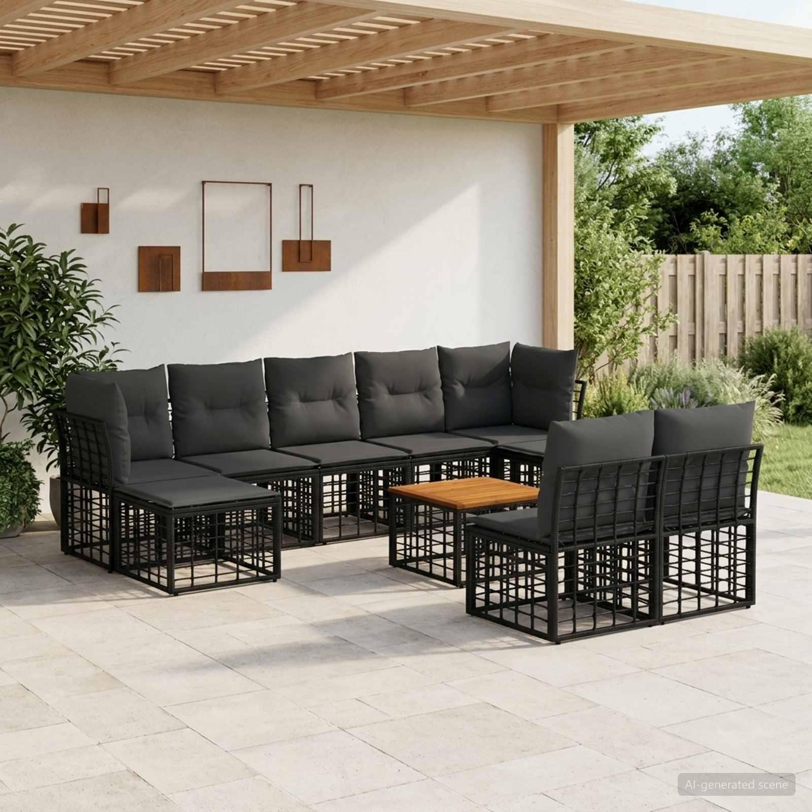 Udendørs sofagruppe 10 stk. i poly rattan til have og terrasse - sort/mørkegrå