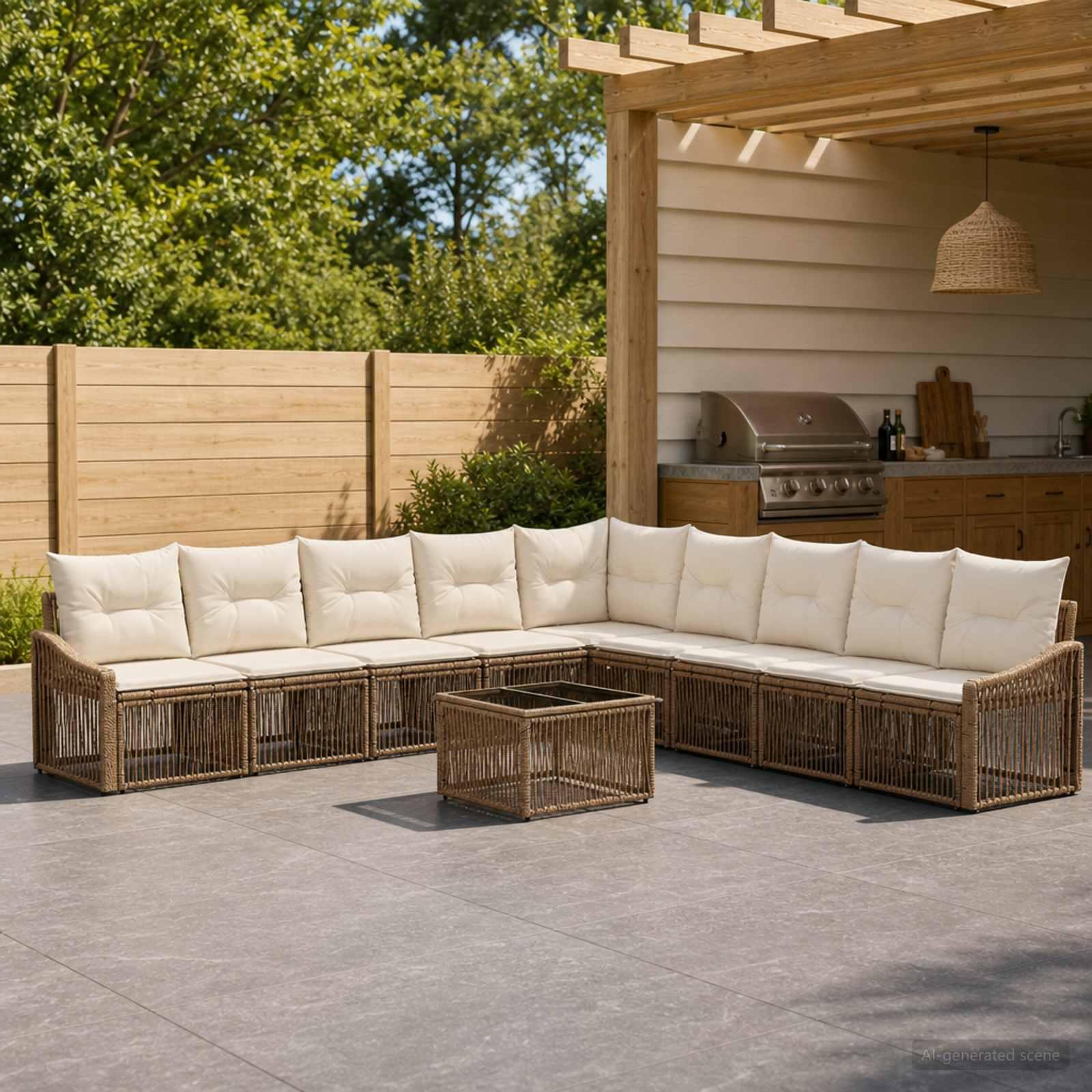 Havesofa sæt 10 stk. i beige polyrattan - modulært havemøbelsæt