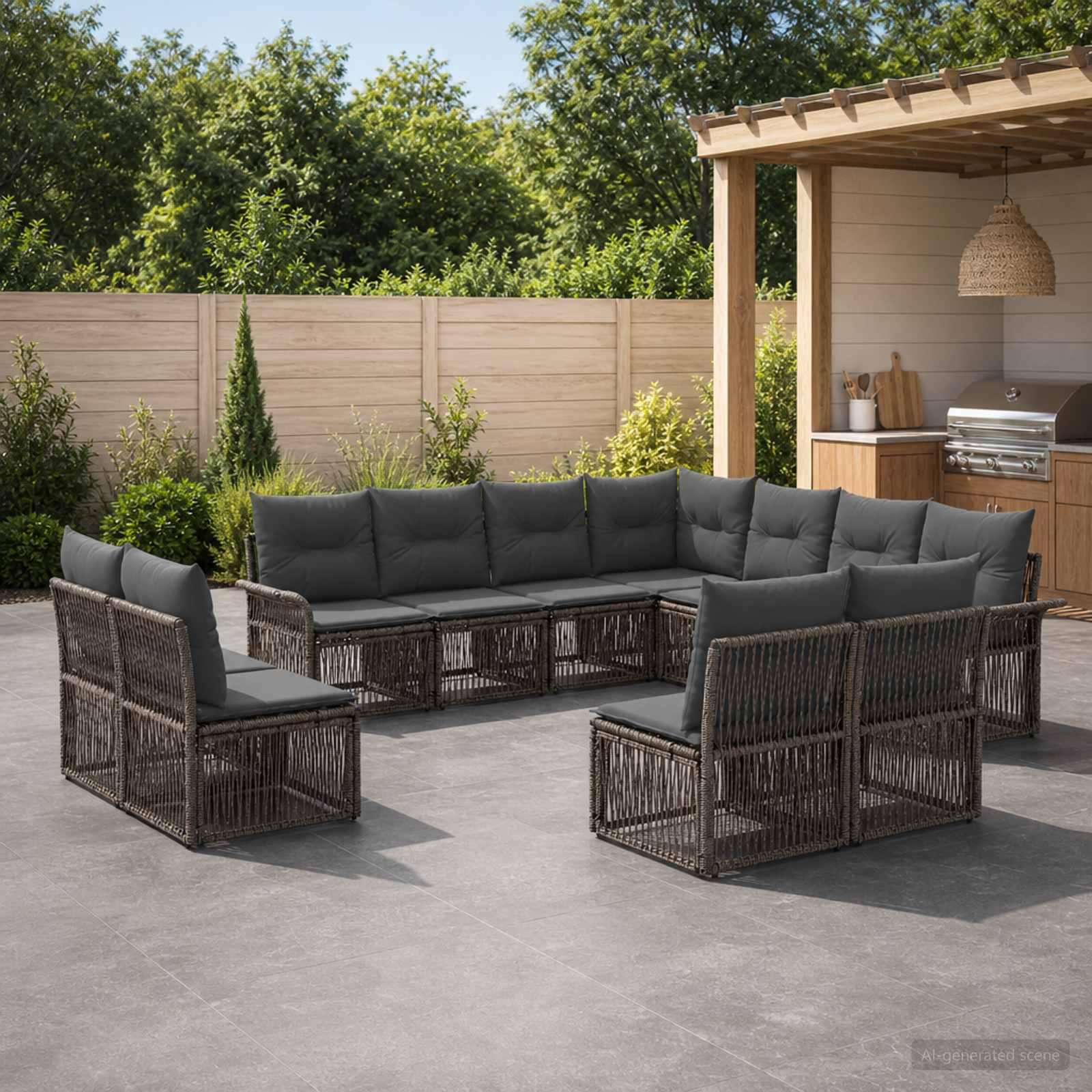 Havesofa sæt 11 stk. i grå polyrattan til terrasse og have