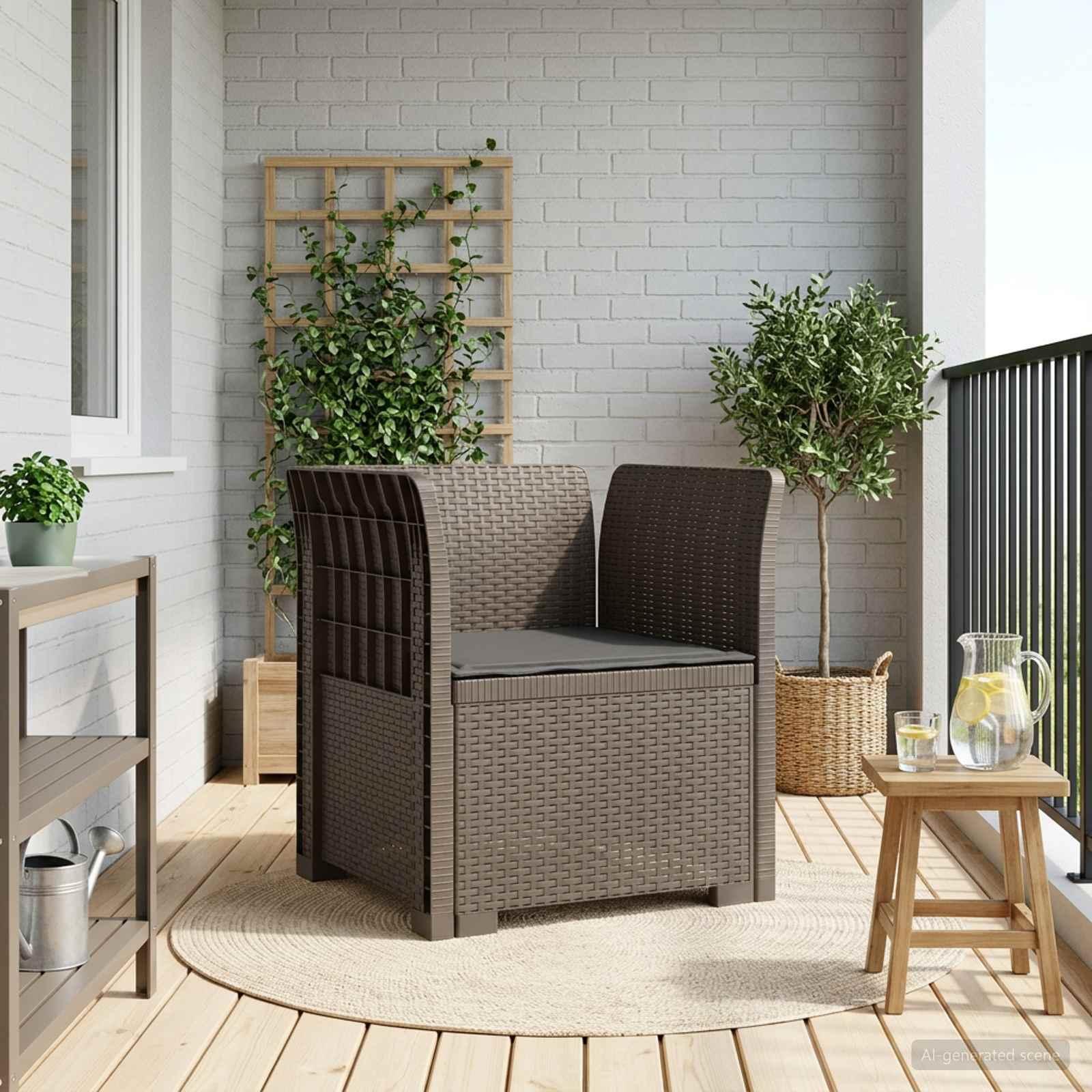 1-personers lænestol til have med pude i rattan look PP - lysegrå