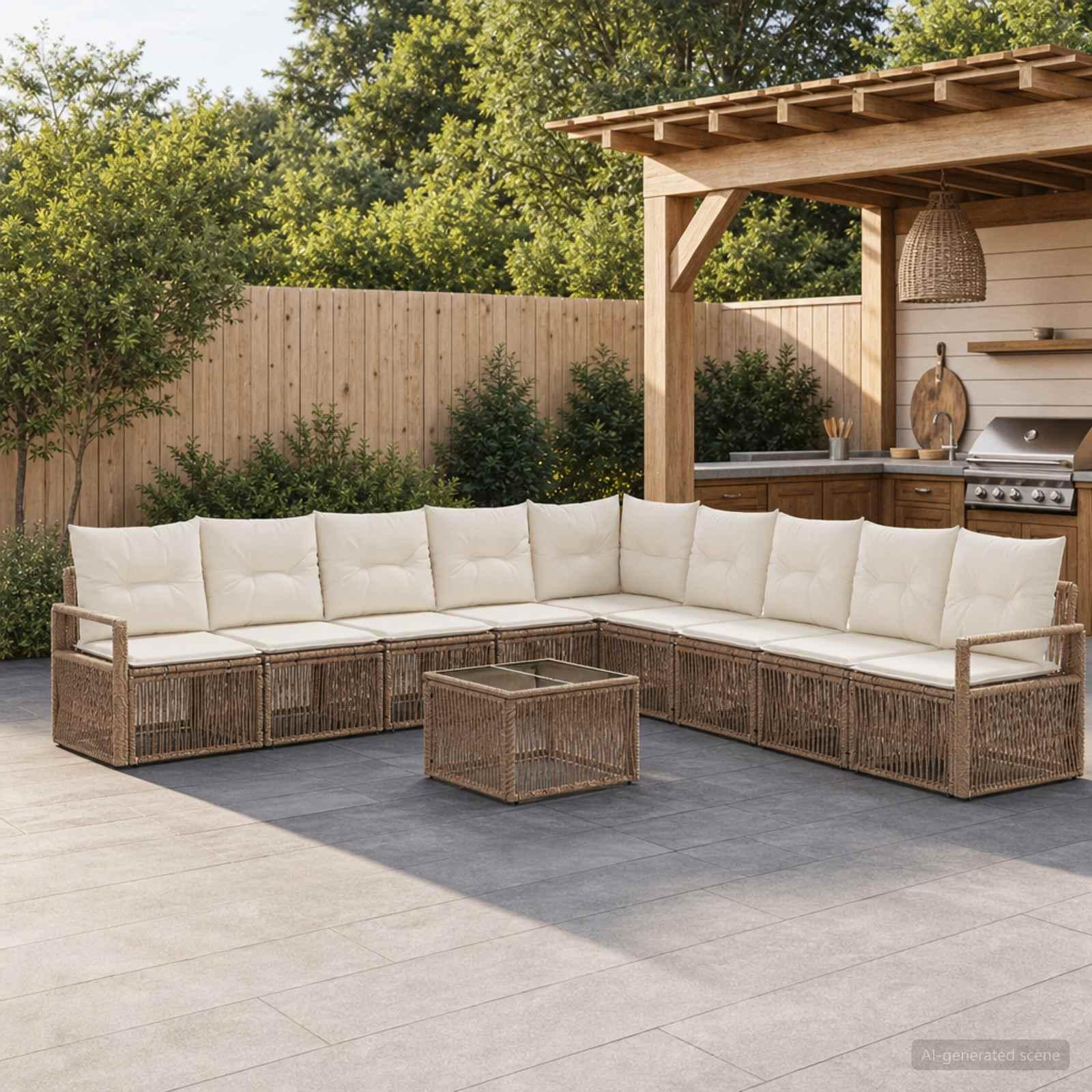 Havesofa sæt 10 stk. i beige polyrattan - modulært havemøbelsæt