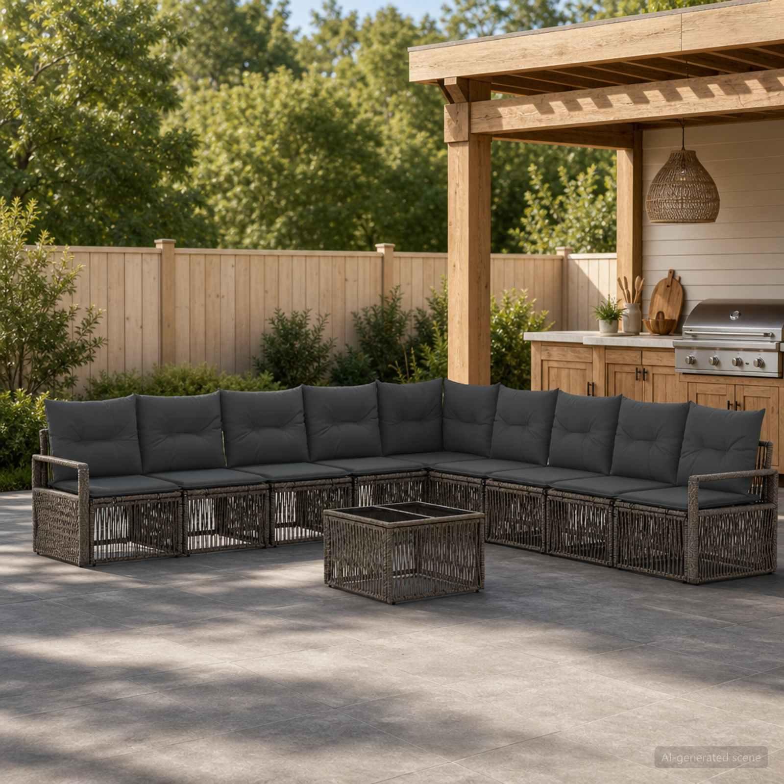 Havesofa sæt 10 dele i grå polyrattan til have og terrasse
